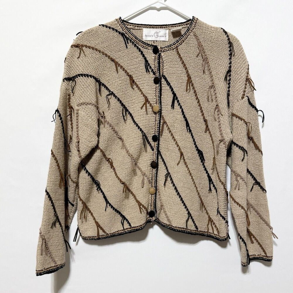 Vintage Jane’s Loset Women L Cardigan Sweater Beige Fringe Trim Button